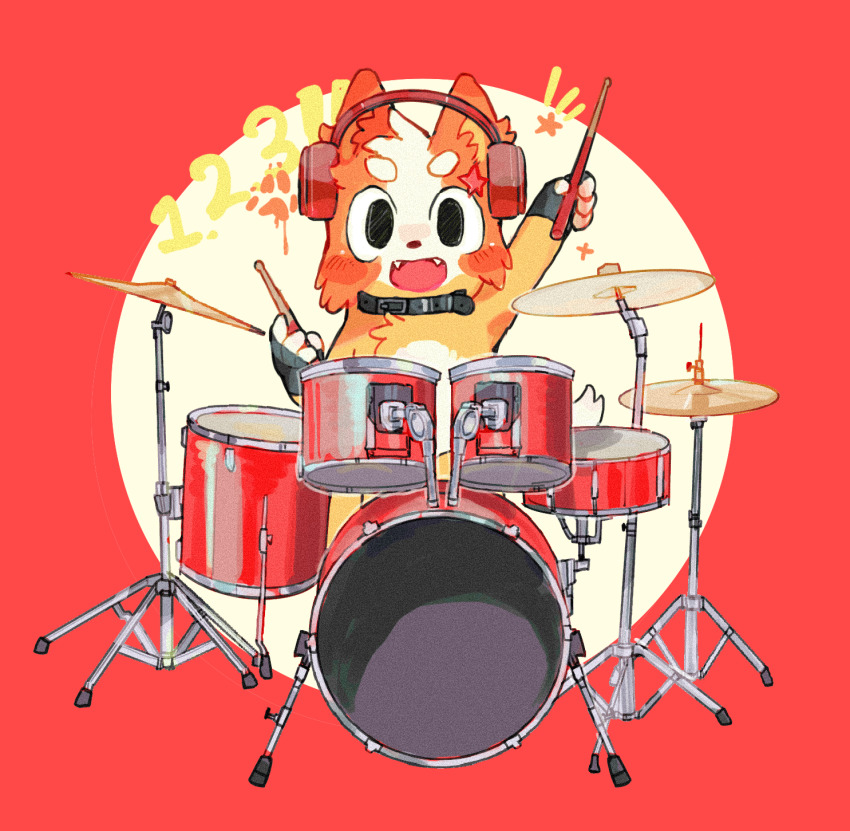 1girl bingo_heeler black_gloves bluey collar drum drum_set drumsticks furry furry_female gloves haigui98540 headphones highres holding holding_drumsticks instrument paw_print rectangular_mouth red_background smile