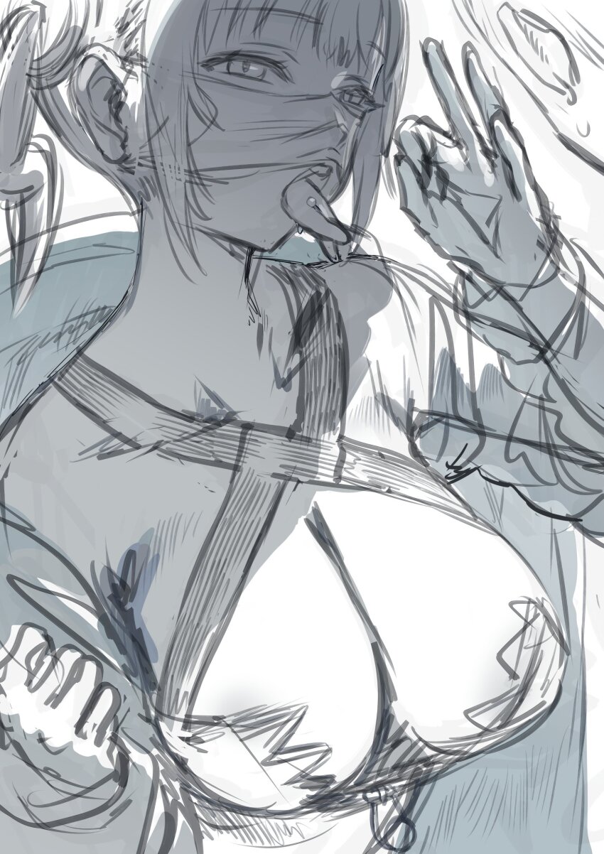 1girl bandeau breasts canari_(pokemon) cleavage commentary english_commentary fellatio_gesture hews highres jacket large_breasts looking_at_viewer mask mask_lift monochrome mouth_mask nintendo piercing pokemon pokemon_legends:_z-a sketch solo tongue tongue_out tongue_piercing twintails unfinished upper_body