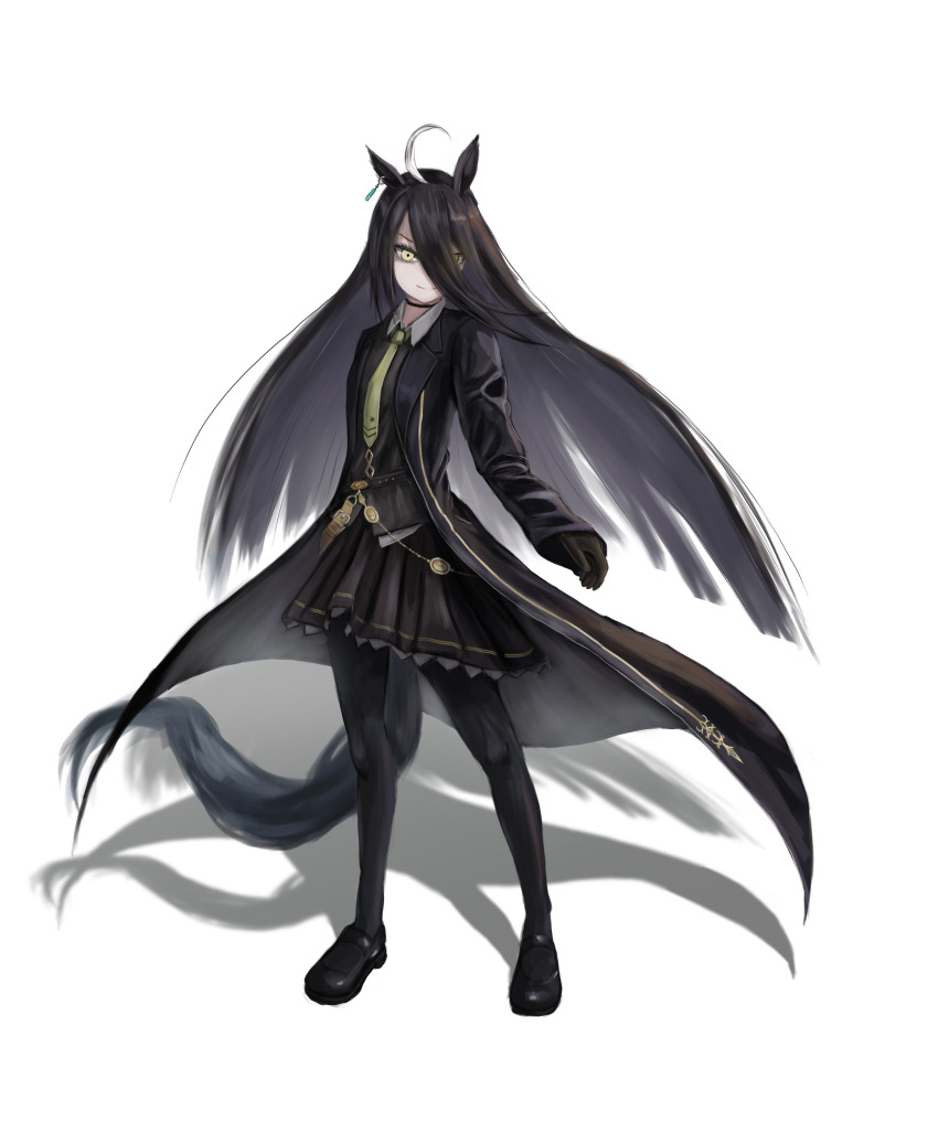 1girl absurdres ahoge animal_ears belt black_belt black_choker black_coat black_gloves black_shirt black_skirt choker closed_mouth coat collared_shirt ear_tag earrings floating_hair gloves hair_between_eyes hair_over_one_eye hair_ribbon highres horse_ears horse_girl horse_tail jewelry long_bangs long_hair long_hair_between_eyes manhattan_cafe_(umamusume) multicolored_hair nail_polish necktie open_clothes open_coat pleated_skirt ribbon shirt simple_background single_earring skirt smile solo standing tail thefatum umamusume very_long_hair white_background white_hair yellow_necktie