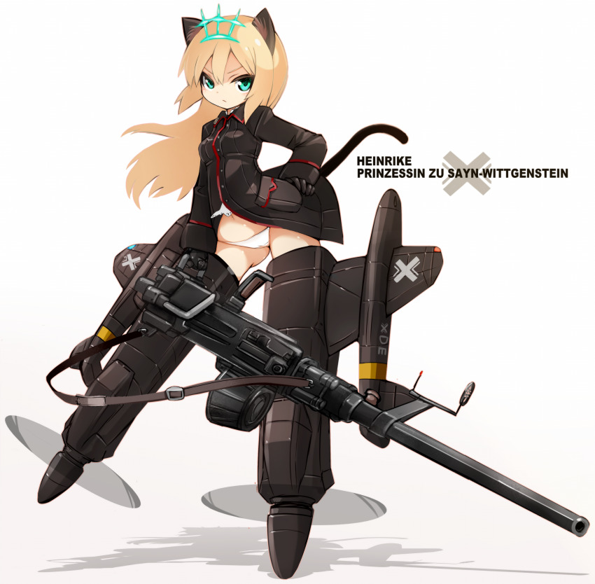 1girl animal_ears aqua_eyes black_gloves black_jacket black_tail cannon cat_ears cat_tail character_name closed_mouth gloves hand_on_own_hip heinrike_prinzessin_zu_sayn-wittgenstein highres hirschgeweih_antennas holding_cannon jacket karukan_(monjya) long_hair looking_at_viewer military_uniform noble_witches panties propeller simple_background solo striker_unit tail underwear white_background white_panties world_witches_series