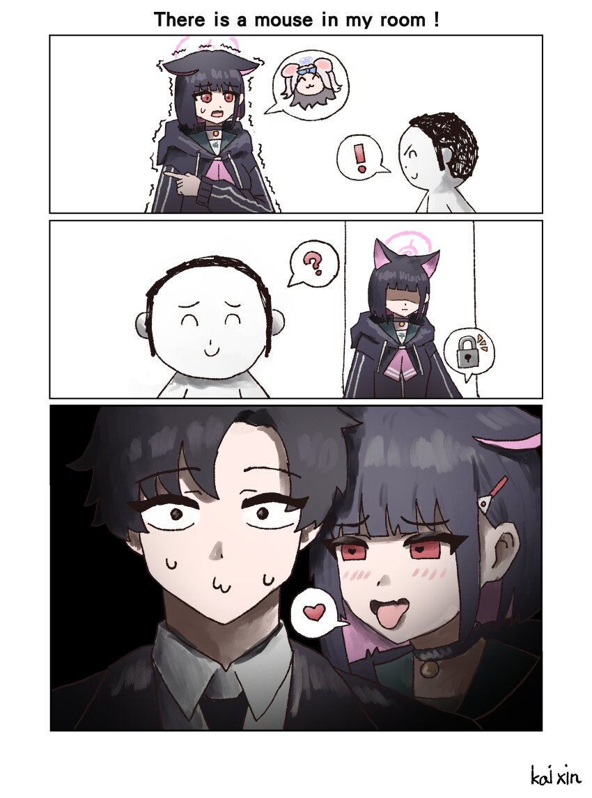 ! 1boy 1girl 3koma ? absurdres animal_ears artist_name black_choker black_dress black_hair black_hoodie blue_archive blush brown_hair cat_ears cat_girl chibi chibi_inset choker comic doodle_sensei_(blue_archive) dress english_text fang halo heart heart-shaped_pupils highres hood hoodie kai_xin kazusa_(blue_archive) meme motion_lines mouse_ears mouse_girl naughty_face open_mouth pink_hair pink_halo red_eyes saya_(blue_archive) sensei_(blue_archive) sensei_(blue_archive_the_animation) shaded_face shaking shirt skin_fang smile speech_bubble spoken_heart sweat symbol-shaped_pupils tongue tongue_out where&#039;s_the_cat?_(meme) white_hair white_shirt wide-eyed