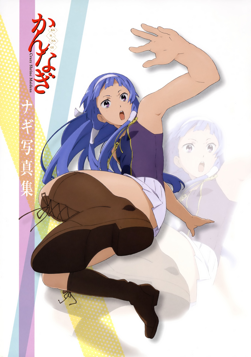 1girl absurdres armpits blue_hair female_focus hairband highres kadowaki_satoshi kannagi long_hair nagi non-web_source open_mouth purple_eyes shoes solo