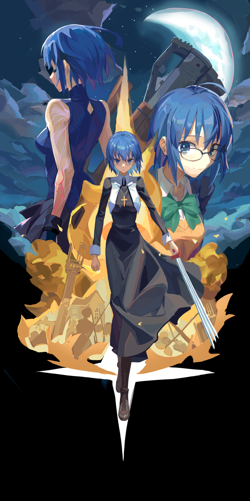 1girl absurdres ahoge bare_shoulders black-framed_eyewear black_dress black_jacket black_keys_(type-moon) blue_bodysuit blue_eyes blue_hair bodysuit boots bow bowtie breasts brown_footwear cardigan ciel_(tsukihime) closed_mouth cloud collared_shirt commentary_request dress glasses green_bow green_bowtie gun habit highres holding holding_gun holding_weapon jacket looking_at_viewer lynlanmist medium_breasts moon night night_sky nun open_clothes open_jacket powered_ciel school_uniform shirt short_hair sky sleeveless smile tsukihime tsukihime_(remake) weapon white_shirt yellow_cardigan