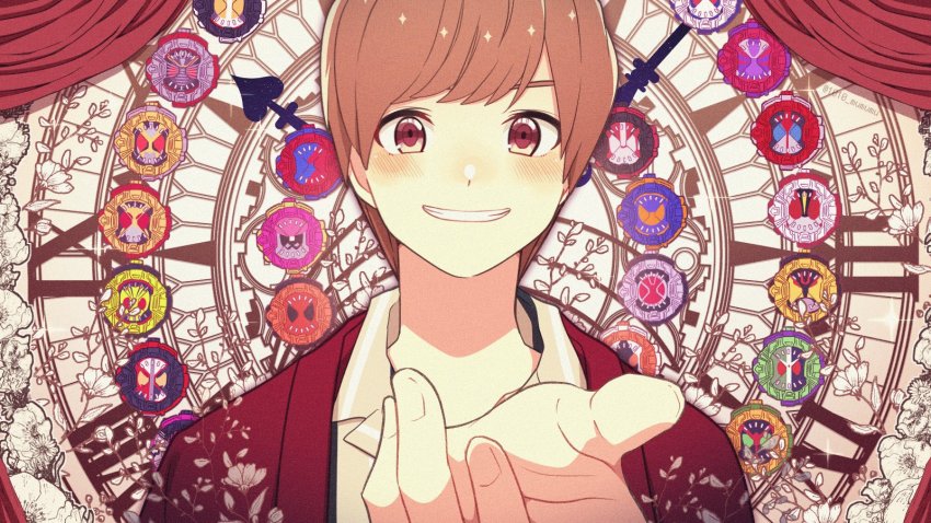 1010_mumumu 1boy agito_rider_watch astronaut beetle blade_rider_watch brown_hair bug build_rider_watch clock commentary_request decade_rider_watch den-o_rider_watch double_rider_watch dragon eastern_dragon ex-aid_rider_watch faiz faiz_rider_watch floral_print fourze_rider_watch ghost_ridewatch hibiki_rider_watch highres insect jacket kabuto_rider_watch kamen_rider kamen_rider_zi-o_(series) kiva_rider_watch kuuga_riderwatch mighty_action_x_level_2 oni ooo_rider_watch open_hand orange_arms rabbit+tank_form red_jacket roman_numeral ryuki_rider_watch saber_rider_watch samurai tokiwa_sougo type_speed vampire wizard wizard_rider_watch zero_one_rider_watch