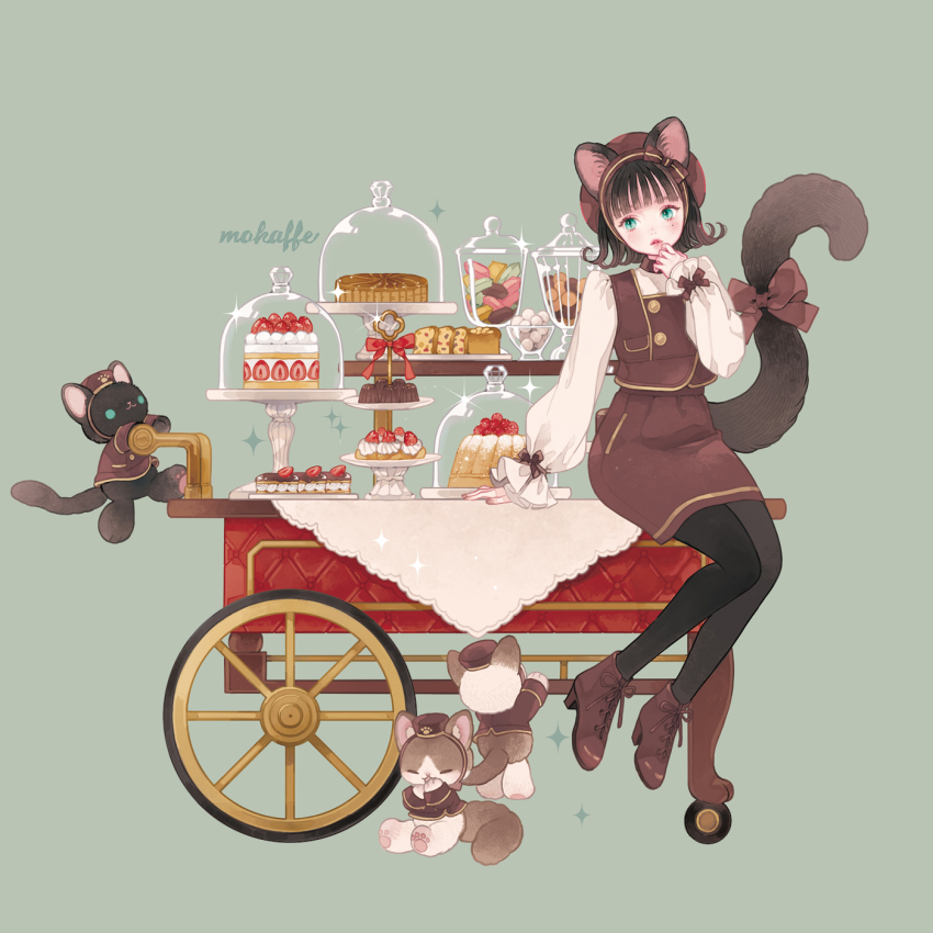 1girl animal_ears artist_name black_cat black_hair black_pantyhose boots bow brown_boots brown_dress brown_hair cake cart cat cat_ears cat_tail cupcake curly_hair dress food fruit fruitcake full_body green_background green_eyes hand_up hat highres jar long_sleeves looking_at_viewer mokaffe original pantyhose parted_lips puffy_long_sleeves puffy_sleeves short_hair signature simple_background sitting skirt solo sparkle strawberry strawberry_shortcake sweets tail tail_ornament tail_raised tiered_tray vest wheel white_sleeves