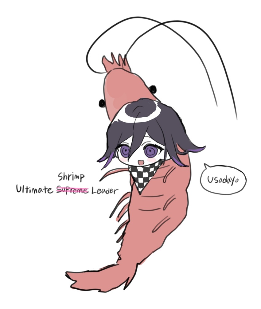 1boy :d animal checkered_neckerchief danganronpa_(series) danganronpa_v3:_killing_harmony english_text hair_between_eyes highres male_focus multicolored_hair neckerchief nekor0id nyapitalism oma_kokichi open_mouth purple_eyes short_hair shrimp simple_background smile speech_bubble two-tone_hair white_background