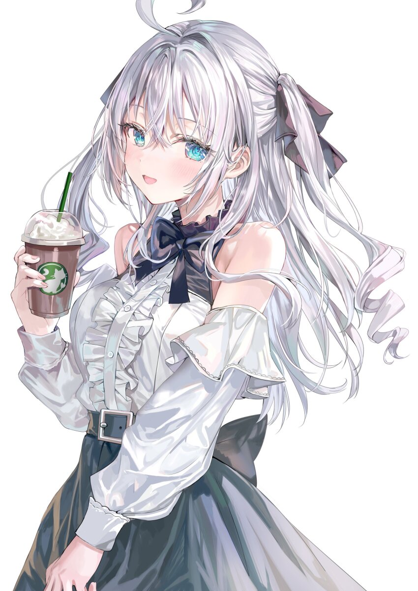 1girl absurdres ahoge alisa_mikhailovna_kujou bare_shoulders belt black_belt black_bow black_skirt blue_eyes bow casual cup detached_sleeves disposable_cup drill_hair drinking_straw grey_hair highres holding holding_cup long_hair long_sleeves looking_at_viewer mixed-language_commentary momoko_(momopoco) official_artist_extra open_mouth shirt simple_background skirt smile tokidoki_bosotto_roshia-go_de_dereru_tonari_no_alya-san upper_body white_background white_shirt