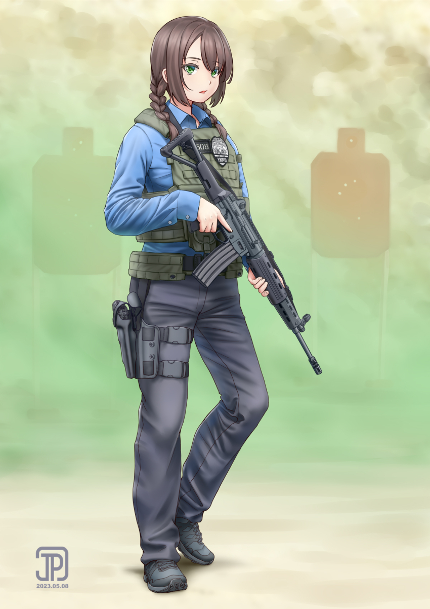 assault_rifle black_pants braid brown_hair bulletproof_vest green_eyes gun handgun highres holding holding_gun holding_weapon holster holstered howa_type_89 jpc looking_at_viewer medium_hair original pants police police_badge rifle standing tactical_clothes target_practice thigh_holster twin_braids twintails weapon