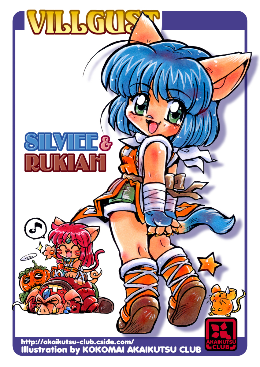 &gt;_&lt; 2girls ^_^ animal_ears armor arms_behind_back artist_name back_bow bandaged_wrist bandages black_bow blue_gloves blue_hair bow bracelet cat_ears cat_girl cat_tail character_name chibi circle_name circlet closed_eyes comedic_sweatdrop commentary copyright_name crossed_bandaids eighth_note facial_mark fangs fingerless_gloves fingernails ghost ghost_tail gloves green_eyes green_shorts halo highres jewelry kokomahi kouryuu_densetsu_villgust long_hair looking_at_viewer looking_back medium_hair mouse_(animal) multiple_girls musical_note nail_polish open_mouth pawpads pelvic_curtain pig_boy red_armor ryuquir_(villgust) sharp_fingernails short_shorts shorts silviee_(villgust) sitting sitting_on_person smile sparkle speech_bubble spoken_musical_note standing star_(symbol) tail wariza watermark web_address yellow_nails