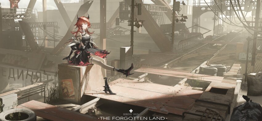 1girl 2025 absurdres arknights arknights:_endfield artist_name bare_shoulders black_boots black_dress black_horns boboyo boots chain-link_fence chinese_commentary closed_mouth commentary_request communism day dress expressionless fence hair_between_eyes highres horns leg_up long_hair looking_at_viewer outdoors pink_eyes plant propaganda red_hair red_star short_dress sitting solo star_(symbol) strap sunlight surtr_(arknights) trash_bag wheel wide_shot