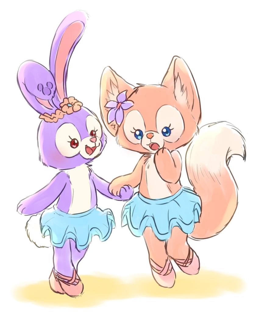 2girls animal_ears ballet_slippers chusan_39 duffy_and_friends fox fox_ears full_body furry highres humanization linabell looking_at_viewer multiple_girls no_humans rabbit_ears rabbit_girl skirt smile stellalou stuffed_animal stuffed_toy