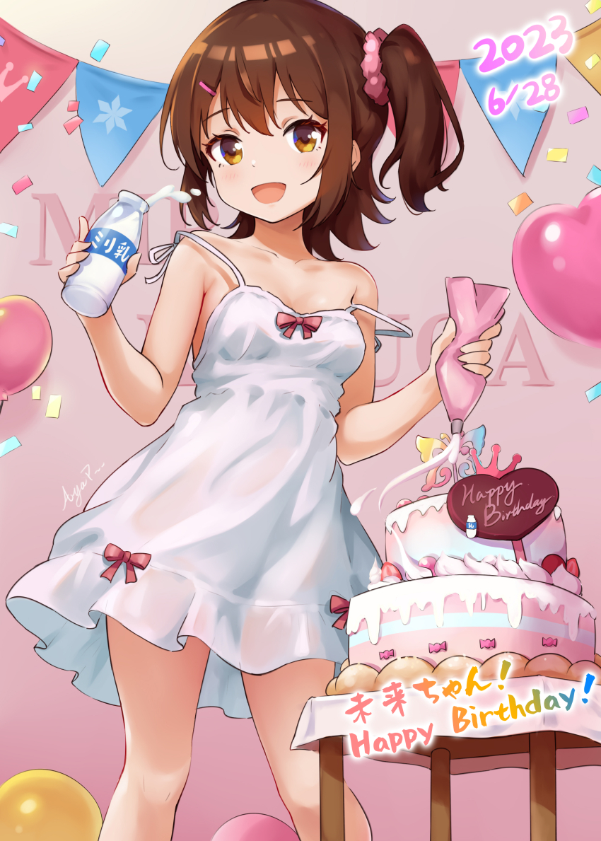 1girl absurdres bare_shoulders birthday birthday_cake bottle bow brown_hair cake commentary_request confetti dress dress_bow food hair_ornament highres idolmaster idolmaster_million_live! idolmaster_million_live!_theater_days kasuga_mirai koaya looking_at_viewer medium_hair milk_bottle one_side_up open_mouth short_dress sleeveless sleeveless_dress solo spaghetti_strap sundress white_dress yellow_eyes