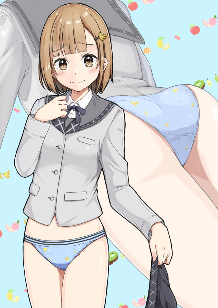 1girl absurdres ass banana_hair_ornament blue_background blue_panties blunt_ends blush breasts brown_eyes brown_hair buttons closed_mouth collared_shirt commentary_request commission cowboy_shot crotch_seam dress_shirt embarrassed food-themed_hair_ornament food_print fruit_background fruit_print grey_jacket grey_ribbon grey_sailor_collar grey_skirt hair_ornament hand_up highres holding holding_unworn_clothes holding_unworn_skirt jacket large_variant_set long_sleeves looking_at_viewer medium_hair multiple_views neck_ribbon negimiso1989 no_pants original panties pixiv_commission pleated_skirt print_panties raised_inner_eyebrows ribbon sailor_collar school_uniform serafuku shirt skirt small_breasts sparkle_print standing underwear unworn_skirt variant_set white_shirt zoom_layer