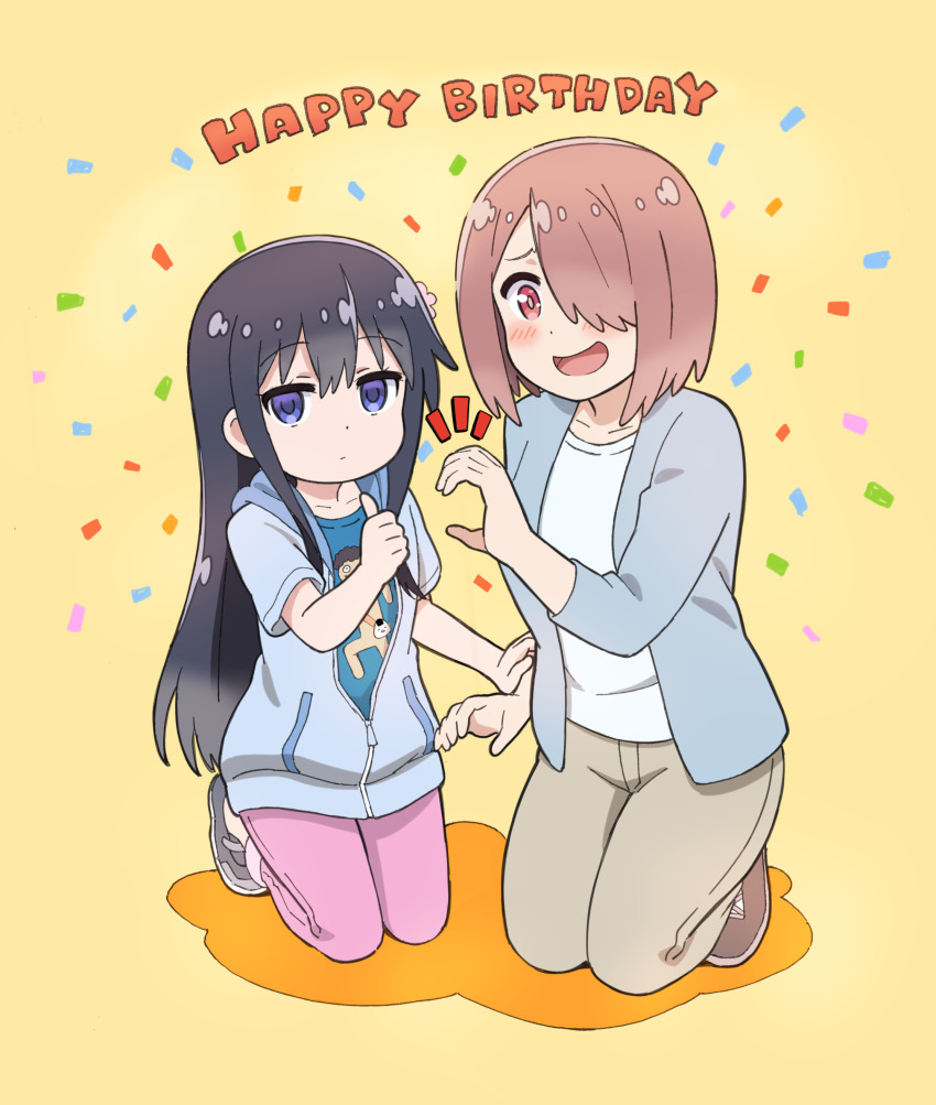 2girls absurdres black_hair english_text hair_ornament highres hoshino_miyako_(wataten) kneeling komagoma long_hair multiple_girls purple_eyes red_eyes red_hair shirosaki_hana short_hair simple_background watashi_ni_tenshi_ga_maiorita!