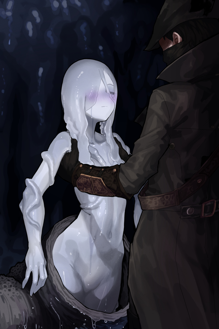 1boy 1girl absurdres arm_guards barnacle bloodborne closed_eyes coat ekrea_jan gloves hair_over_one_eye hat highres hunter_(bloodborne) lifting_person mask monster_girl mouth_mask nude pale_skin shell slime_(substance) snail_girl snail_shell snail_woman_(bloodborne)