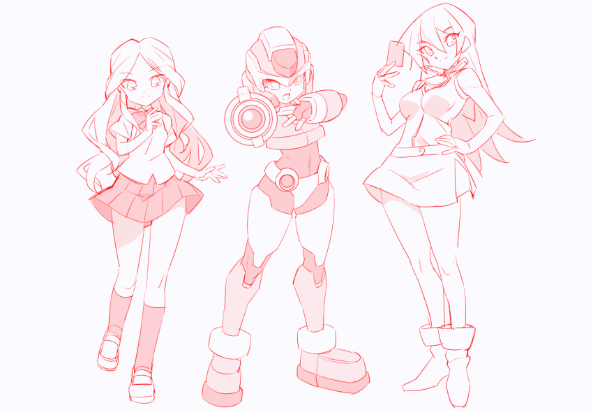 3girls aile_(mega_man_zx) aiming aiming_at_viewer arm_cannon armor breasts card character_request copyright_request crotch_plate duel_academy_uniform_(yu-gi-oh!_gx) forehead_jewel greyscale group_picture helmet holding holding_card kaidou_zx kobayashi_sanae long_hair medium_breasts mega_man_(series) mega_man_zx miniskirt model_x_(mega_man) monochrome multiple_girls red_theme shirt simple_background skirt tenjouin_asuka trading_card vest voice_actor_connection weapon white_background yu-gi-oh! yu-gi-oh!_gx