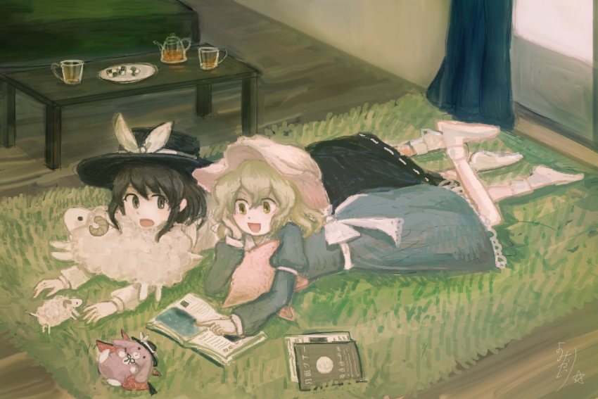 2girls blonde_hair bobby_socks book brown_hair carpet cloak cosplay curtains fedora hat katari living_room lying maribel_hearn mob_cap multiple_girls no_shoes on_stomach pillow smile socks star-shaped_pillow stuffed_animal stuffed_rabbit stuffed_sheep stuffed_toy table teapot touhou usami_renko usami_sumireko usami_sumireko_(cosplay)