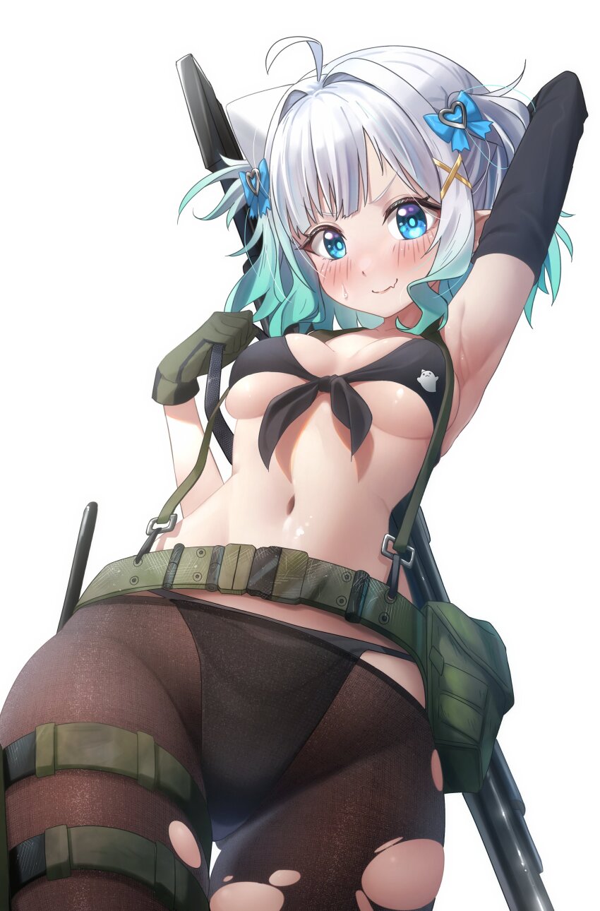 1girl absurdres arm_up armpits belt belt_pouch bikini black_bikini black_pantyhose blue_bow blue_eyes blush bow breasts commentary cosplay fang front-tie_bikini_top front-tie_top ghostenjoyerguy7007 gloves gradient_hair green_belt green_gloves green_hair gun gun_on_back hair_bow hair_ornament hairclip hashtag-only_commentary highres indie_virtual_youtuber looking_at_viewer medium_breasts metal_gear_(series) metal_gear_solid_v:_the_phantom_pain mint_fantome multicolored_hair navel pantyhose pointy_ears pouch quiet_(metal_gear) quiet_(metal_gear)_(cosplay) rifle short_hair simple_background skin_fang sniper_rifle solo stomach swimsuit thigh_strap torn_clothes torn_pantyhose triangular_headpiece two_side_up v-shaped_eyebrows virtual_youtuber wavy_hair weapon weapon_on_back white_background white_hair x_hair_ornament