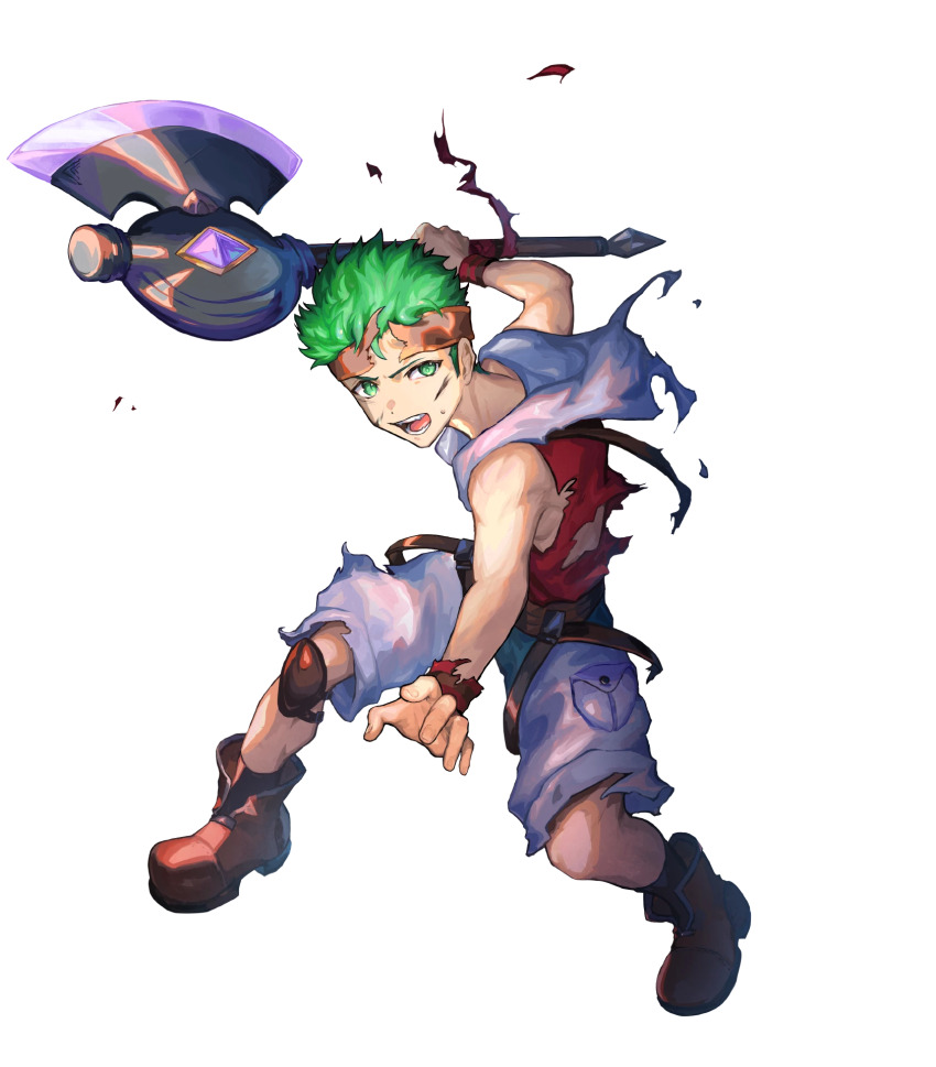 1boy aged_down axe boyd_(fire_emblem) boyd_(future_great)_(fire_emblem) child fire_emblem fire_emblem:_path_of_radiance fire_emblem_heroes full_body green_eyes green_hair headband highres holding holding_axe holding_weapon hood hoodie knee_pads male_focus nijimaarc nintendo non-web_source official_art open_mouth short_hair single_knee_pad sleeveless sleeveless_hoodie solo torn_clothes transparent_background weapon
