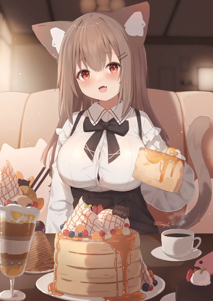1girl absurdres animal_ears black_bow black_bowtie black_bra black_skirt blueberry bow bowtie bra breasts brown_hair button_gap cat_ears cat_girl cat_tail collared_shirt commentary_request cup fang food food_request fruit hair_ornament hairclip highres hinata_(user_rjkt4745) incoming_food indoors large_breasts long_hair long_sleeves looking_at_viewer open_mouth original pancake pancake_stack parallel_hairclips parfait plate red_eyes saucer shirt skin_fang skirt solo suspender_skirt suspenders tail teacup underwear white_shirt
