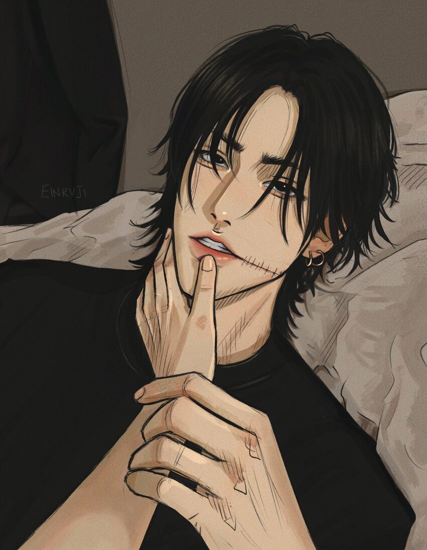 1boy 1other artist_name bed_sheet black_eyes black_hair black_shirt chainsaw_man earrings einruji fingernails hand_on_another&#039;s_face highres hoop_earrings jewelry kishibe_(chainsaw_man) kishibe_(young)_(chainsaw_man) looking_at_viewer lying male_focus medium_hair on_back open_mouth parted_bangs parted_lips pov shirt solo_focus stitched_face stitches teeth