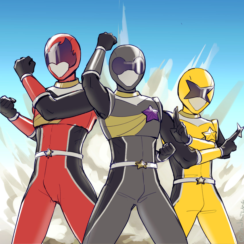 24island 3boys absurdres belt black_bodysuit black_helmet blue_sky bodysuit clenched_hands ensemble_stars! explosion helmet highres holding holding_shuriken holding_weapon male_focus morisawa_chiaki multiple_boys nagumo_tetora red_bodysuit red_helmet sengoku_shinobu shuriken sky smoke star_(symbol) tokusatsu weapon white_belt yellow_bodysuit yellow_helmet
