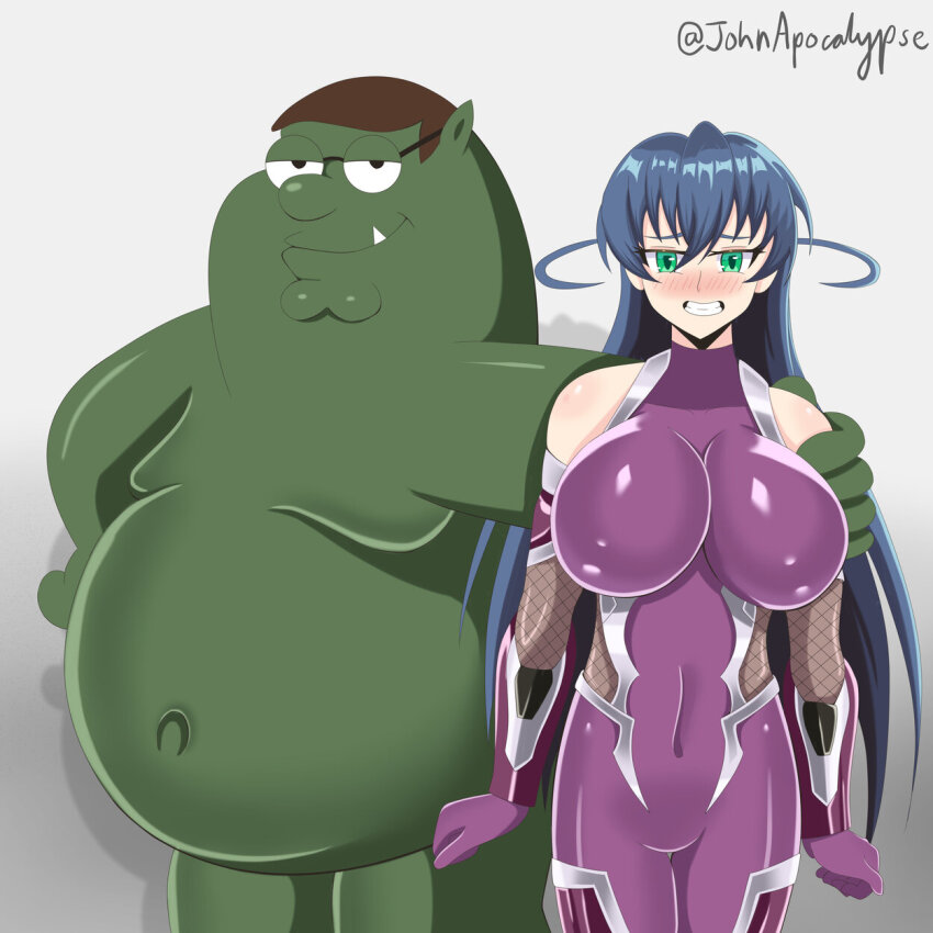 1boy 1girl blush bodysuit breasts colored_skin crossover family_guy fang fat fat_man green_skin highres igawa_asagi john_apocalypse large_breasts long_hair nipples orc peter_griffin short_hair smile taimanin_(series) taimanin_asagi very_long_hair what wide_hips