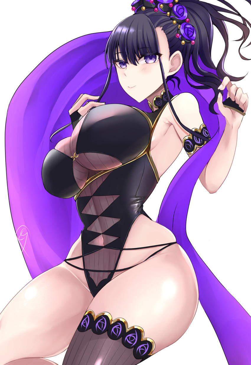 1girl absurdres armlet bare_shoulders black_gloves black_one-piece_swimsuit breasts covered_navel fate/grand_order fate_(series) fingerless_gloves flower gloves gold_trim hair_flower hair_ornament hair_up half_gloves highleg highleg_one-piece_swimsuit highres jewelry kankitsu_kei large_breasts long_hair looking_at_viewer murasaki_shikibu_(fate) murasaki_shikibu_(swimsuit_rider)_(fate) murasaki_shikibu_(swimsuit_rider)_(first_ascension)_(fate) one-piece_swimsuit purple_eyes purple_hair solo swimsuit thighs