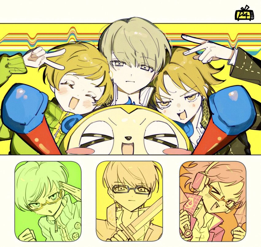 &gt;_&lt; &gt;_o 1girl 2boys black_jacket brown_hair clenched_hand closed_eyes closed_mouth dual_wielding glasses green_jacket grey_hair half-closed_eyes hanamura_yousuke hashtag-only_commentary headphones holding holding_kunai holding_sword holding_weapon jacket kuma_(persona_4) kunai long_sleeves looking_at_viewer morning_(d0nteat) multiple_boys multiple_views narukami_yu one_eye_closed parted_lips persona persona_4 satonaka_chie school_uniform short_hair sword v weapon yasogami_school_uniform