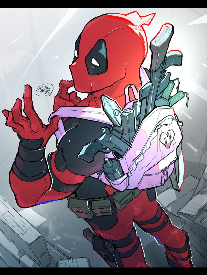 1boy arms_up backpack bag bodysuit canister commentary_request deadpool deadpool_(series) feet_out_of_frame finger_to_mouth gun handgun heart highres holster holstered knife letterboxed male_focus marvel mask momoi_housuke no_pupils pink_bag pouch solo speech_bubble standing superhero_costume thigh_holster weapon white_eyes