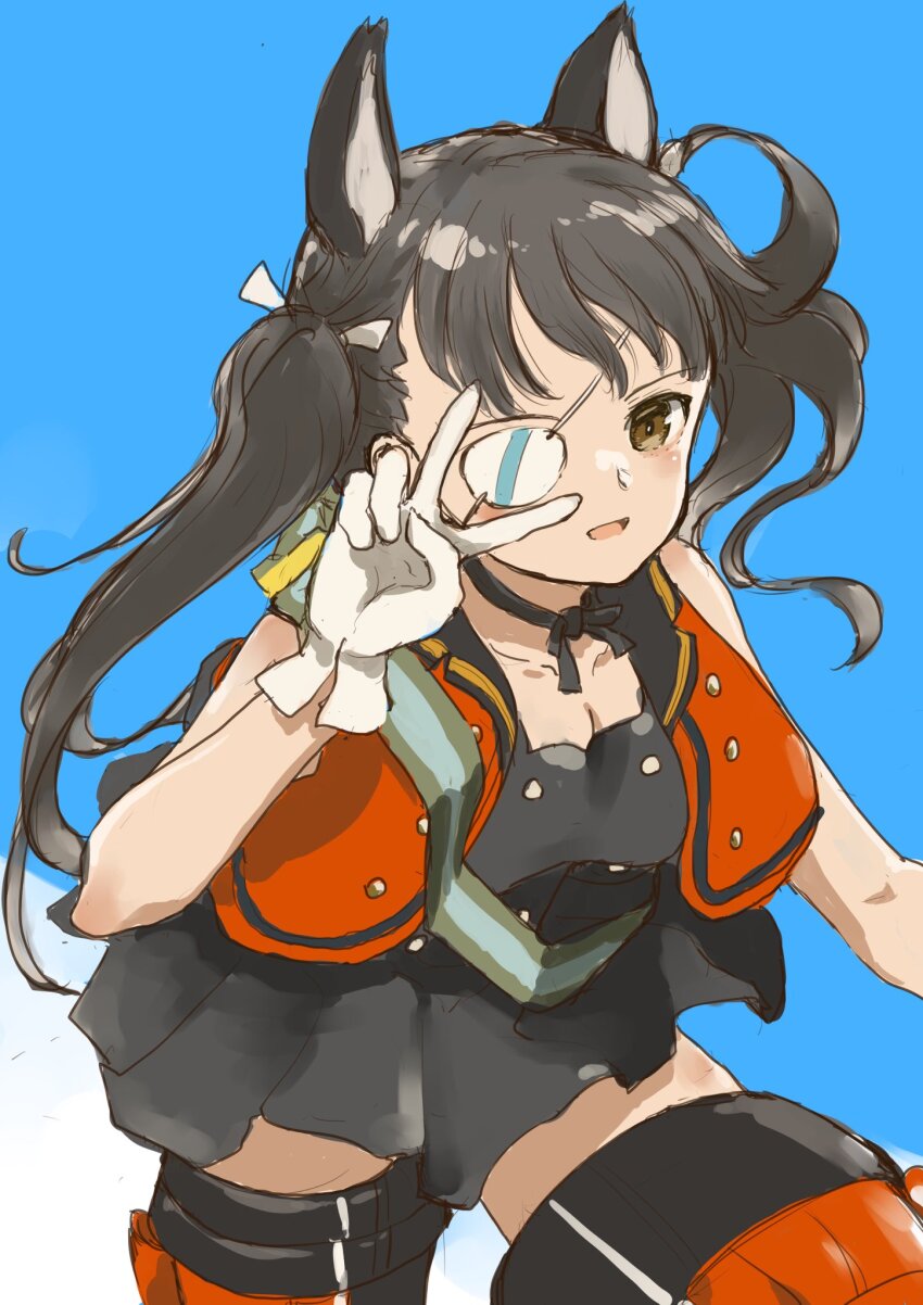 1girl alternate_costume alternate_hairstyle animal_ears aviation_magic_band black_hair black_skirt blue_background brown_eyes dog_ears dog_girl eyepatch gloves highres long_hair murayama_kei open_mouth red_vest sakamoto_mio simple_background skirt solo standing strike_witches striker_unit twintails v vest white_gloves world_witches_series