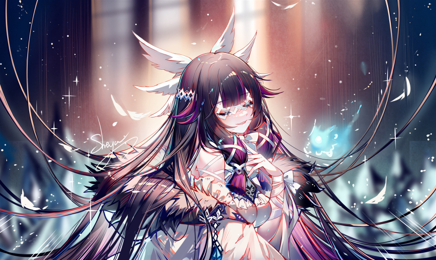 1girl :d artist_name bare_shoulders black_fur black_hair blunt_bangs blush breasts closed_eyes columbina_(genshin_impact) double-parted_bangs dress duplicate eye_mask fatui_coat feathers floating_hair fur-trimmed_jacket fur_trim genshin_impact gradient_hair hair_flowing_over hair_ornament hair_spread_out head_wings highres jacket long_hair medium_breasts multicolored_eyes multicolored_hair open_mouth pixel-perfect_duplicate purple_hair sheya sidelocks signature smile solo streaked_hair upper_body very_long_hair white_dress white_wings wings