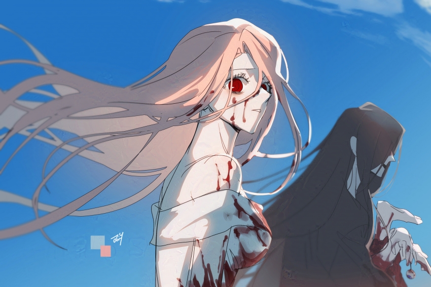 1boy 1girl bbabbamis2 black_hair black_kimono blood blood_on_clothes blood_on_face blue_background blue_sky commentary_request corpse dress heroine_(homicipher) highres homicipher japanese_clothes kimono korean_commentary long_hair looking_at_viewer mr._crawling outdoors pink_hair red_eyes ringed_eyes sky upper_body white_dress wind