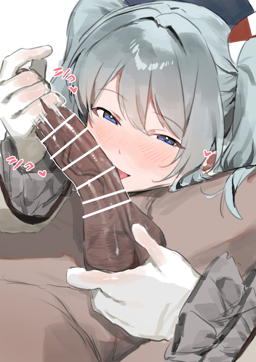 1boy 1girl absurdres bar_censor beret blue_eyes blue_hat censored clothed_female_nude_male commentary_request fellatio gloved_handjob gloves grey_hair handjob hat hetero highres kantai_collection kashima_(kancolle) looking_at_viewer military_hat military_uniform nude oral penis puffy_sleeves shishamo_(domado) testicle_grab tongue tongue_out two_side_up