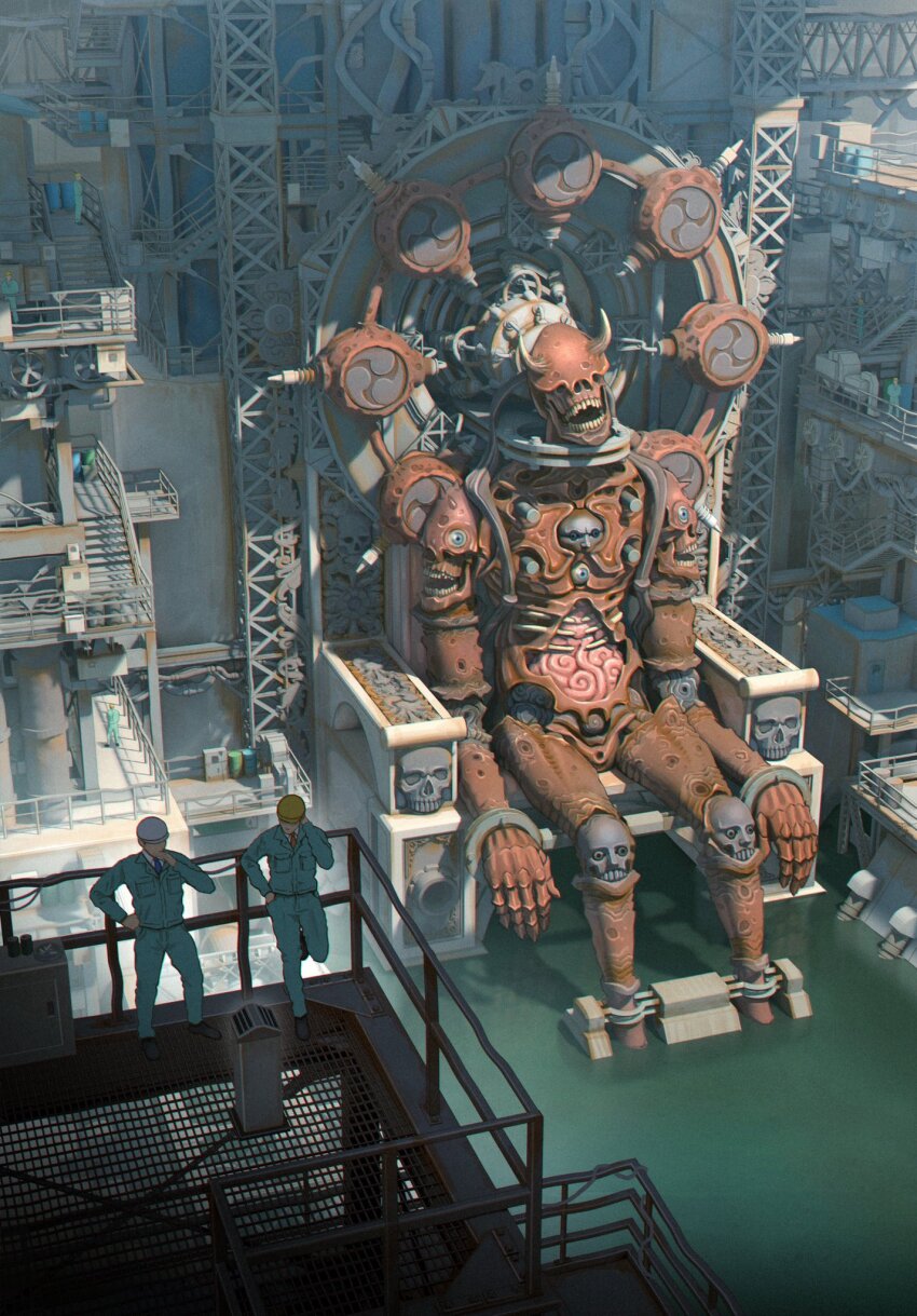 2boys ankle_cuffs armor blue_jacket blue_pants chain chained commentary extra_ears fake_horns giant hard_hat helmet highres horned_helmet horns industrial industrial_pipe intestines jacket kiginobiru_(hayapi) mitsudomoe_(shape) monster multiple_boys open_mouth original pants power_plant raijin_(mythology) restrained scenery science_fiction shoulder_spikes skull soaking_feet spikes stairs standing teeth throne tomoe_(symbol) truss uniform water wide_shot wrist_cuffs
