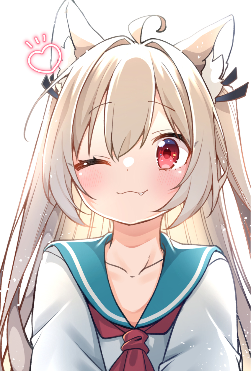 1girl ;3 ahoge animal_ear_fluff animal_ears ascot atri atri-my_dear_moments- blue_sailor_collar blush brown_hair closed_mouth collarbone dress fang fang_out hair_between_eyes hair_intakes heart highres jako_(jakoo21) kemonomimi_mode long_hair one_eye_closed red_ascot red_eyes sailor_collar sailor_dress simple_background solo two_side_up upper_body white_background white_dress
