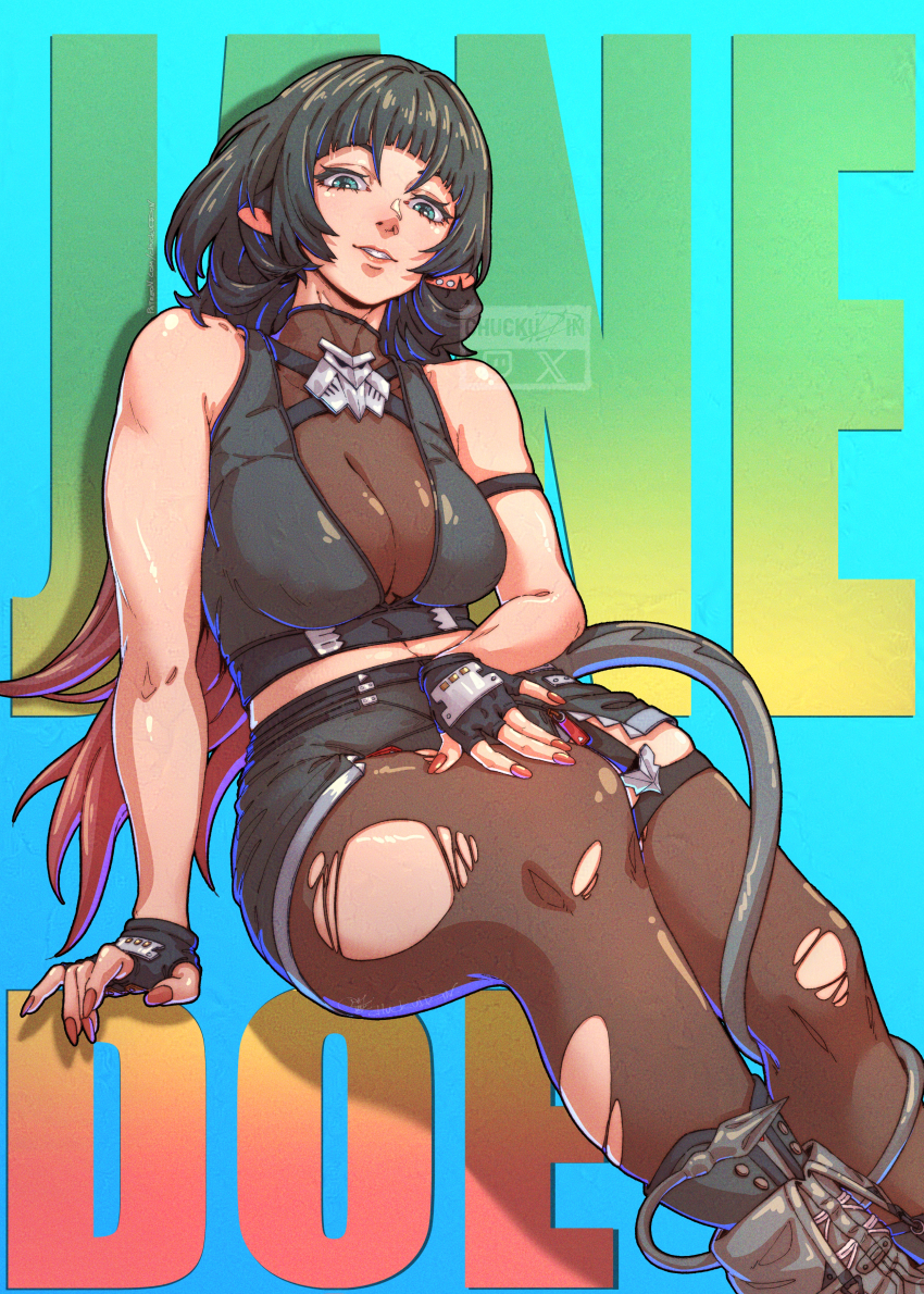 1girl absurdres animal_ears black_hair breasts character_name chuckuddin commentary english_commentary film_grain fingerless_gloves gloves highres jane_doe_(zenless_zone_zero) large_breasts mouse_ears mouse_girl mouse_tail nail_polish pantyhose red_nails solo tail torn_clothes torn_pantyhose zenless_zone_zero