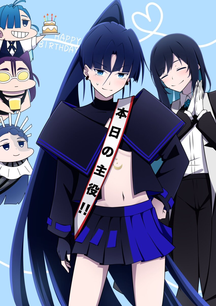 5girls ado_(utaite) bikini birthday_cake black_bikini black_coat black_gloves black_pants black_shirt black_skirt blue_eyes blue_flower blue_hair blue_ribbon blue_rose blue_skirt blue_vest braid braided_bangs brooch cake chando_(ado) chibi closed_mouth coat collared_shirt colored_inner_hair crown dress_shirt earrings fingerless_gloves flower flower_brooch food gira-gira-chan_(ado) gira_gira gloves hair_between_eyes hair_over_one_eye happy_birthday highres jewelry long_hair merry_(ado) midriff mole mole_under_eye multicolored_hair multiple_girls naima_(ado) neck_ribbon nori_(norinori_yrl) odo-chan_(ado) odo_(song) open_clothes open_coat open_shirt own_hands_together pants pleated_skirt ponytail purple_hair readymade_(ado) ribbon rose shirt single_glove skirt smile sunglasses swimsuit tinted_eyewear translation_request two-tone_skirt usseewa utaite very_long_hair vest white_background white_gloves white_shirt yellow-tinted_eyewear