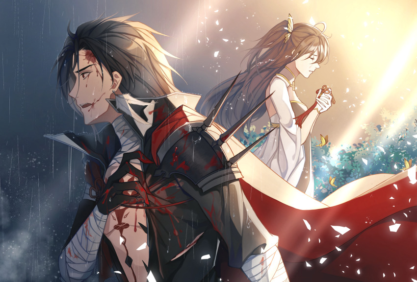 1boy 1girl alternate_hair_length alternate_hairstyle armor back-to-back bandaged_arm bandaged_neck bandages black_dress black_gloves black_hair black_pants black_shirt blood blood_from_mouth blood_on_clothes blood_on_face blood_on_hands breasts bug bush butterfly butterfly_hair_ornament cape chest_tattoo chinese_commentary closed_eyes collared_shirt crying dress earrings feather_earrings feathers female_master_(the_tale_of_food) flower_knot from_side gloves hair_between_eyes hair_ornament hand_on_own_chest highres holding_tassel insect jewelry kocona lianhua_blood_duck_(the_tale_of_food) long_hair long_sleeves looking_ahead medium_breasts open_clothes open_shirt own_hands_together pants parted_lips profile rain red_cape red_eyes shards shirt shoulder_armor shoulder_spikes shrug_(clothing) side_part spikes sunlight tassel tattoo tears the_tale_of_food two_side_up upper_body wet wet_clothes wet_hair white_gloves white_sleeves wide_sleeves yellow_butterfly
