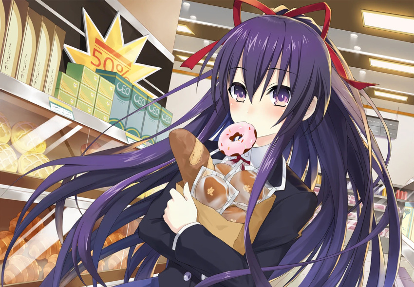 1girl bag baguette black_jacket blazer bread ceiling_light collared_shirt date_a_live date_a_live:_spirit_pledge donut food food_in_mouth game_cg grocery_bag hair_ribbon indoors jacket long_hair long_sleeves looking_at_viewer neck_ribbon official_art purple_eyes purple_hair raizen_high_school_uniform red_ribbon ribbon school_uniform shirt shopping_bag solo supermarket third-party_source white_shirt yatogami_tohka
