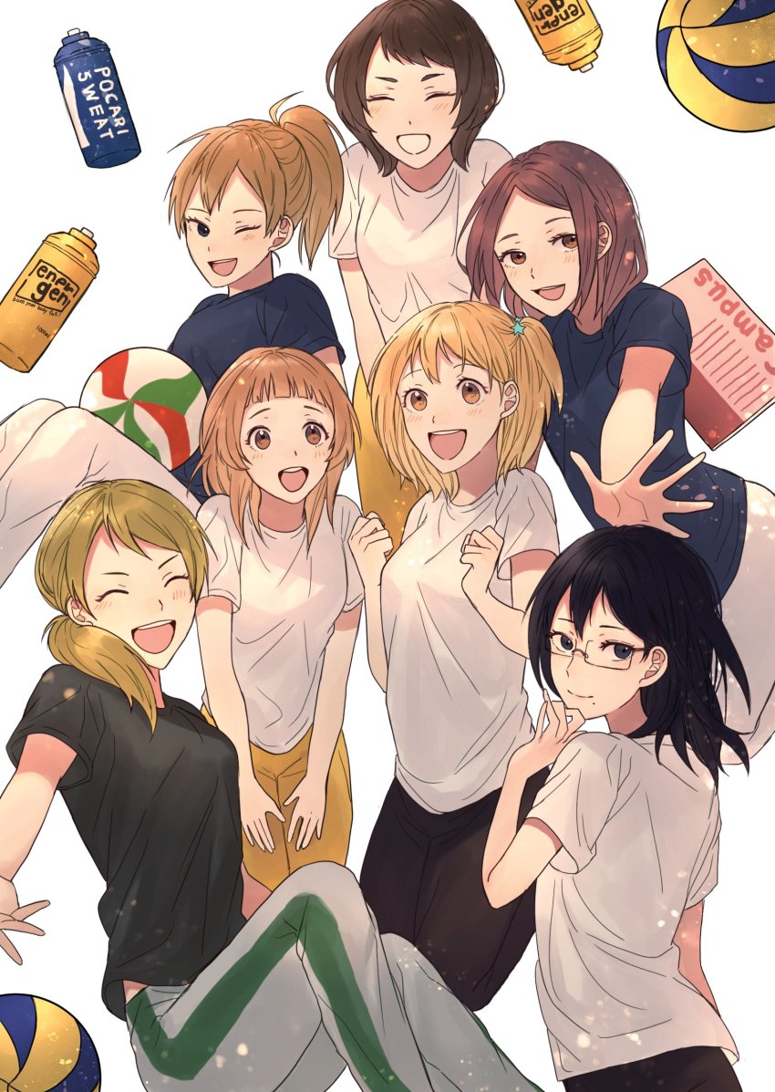 6+girls absurdres black_hair blonde_hair bottle brown_hair closed_eyes female_focus glasses gym_shirt haikyuu!! highres kuribayashi_runa long_hair misaki_hana mole multiple_girls nametsu_mai open_mouth pants shimizu_kiyoko shirofuku_yukie shirt short_hair side_ponytail smile suzumeda_kaori track_pants umatchi_503 water_bottle white_background yachi_hitoka