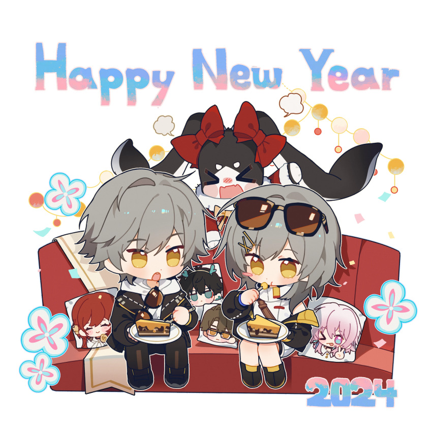 1boy 1girl 2024 absurdres caelus_(honkai:_star_rail) character_pillow chinese_commentary commentary_request dan_heng_(honkai:_star_rail) dan_heng_(imbibitor_lunae)_(honkai:_star_rail) happy_new_year highres himeko_(honkai:_star_rail) honkai:_star_rail honkai_(series) humi_humi march_7th_(honkai:_star_rail) new_year pom-pom_(honkai:_star_rail) second-party_source stelle_(honkai:_star_rail) tagme trailblazer_(honkai:_star_rail) welt_yang