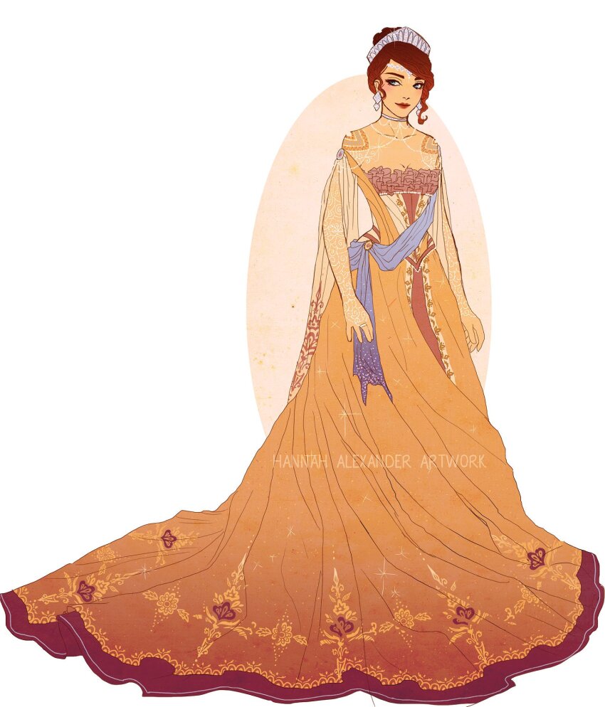 1girl anastasia_(1997) anya_(anastasia) artist_name closed_mouth commentary crown dress english_commentary full_body hair_bun hannahartwork highres jewelry long_dress looking_to_the_side oval red_hair red_lips ring smile solo swept_bangs yellow_dress
