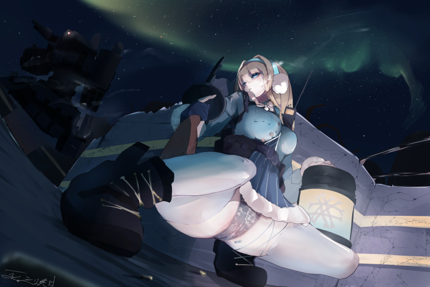 1girl absurdres black_panties blonde_hair blue_eyes blue_hairband blue_jacket crotch_seam drum_magazine earmuffs girls&#039;_frontline girls&#039;_frontline_2:_exilium gloves gun hairband hiding highres jacket lantern magazine_(weapon) panties panties_under_pantyhose pantyhose pantyshot partially_fingerless_gloves robot skirt squatting striped_clothes striped_skirt submachine_gun suomi_(girls&#039;_frontline) suomi_(girls&#039;_frontline_2) suomi_kp/-31 todoroki_mushi underwear vertical-striped_clothes vertical-striped_skirt walkie-talkie weapon white_pantyhose