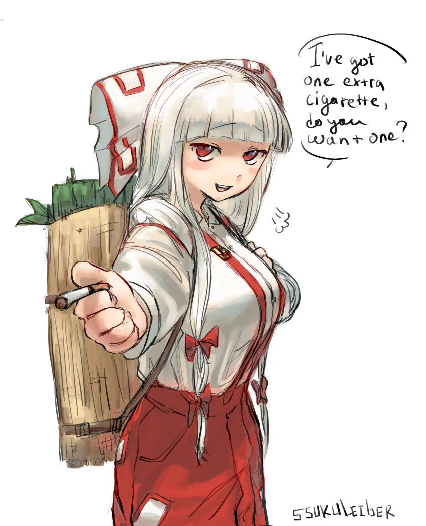1girl absurdres bamboo_shoot bow cigarette fujiwara_no_mokou gold_buckle hair_bow highres holding holding_cigarette long_hair non-web_source ofuda ofuda_on_clothes pants red_eyes red_pants self-upload signature sparkle71059204 speech_bubble suspenders touhou white_bow white_hair
