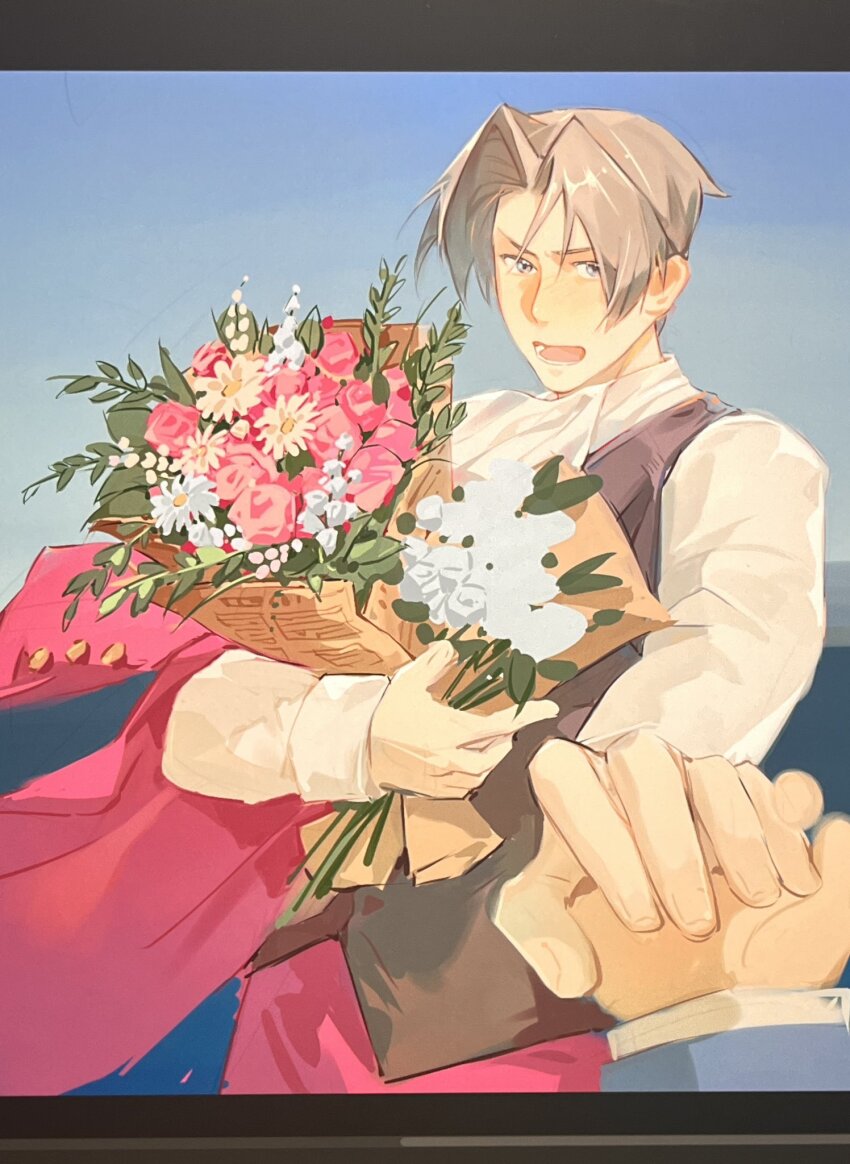 2boys ace_attorney ascot black_vest blue_eyes blue_sky blush bouquet curtained_hair ff12053 flower grey_hair highres holding holding_bouquet holding_hands jacket jacket_on_arm layered_sleeves leaf letterboxed long_sleeves looking_at_another lower_teeth_only male_focus miles_edgeworth multiple_boys open_mouth out_of_frame pants phoenix_wright pink_flower red_jacket red_pants short_hair sky solo_focus teeth unworn_jacket vest white_ascot white_flower yaoi yellow_flower