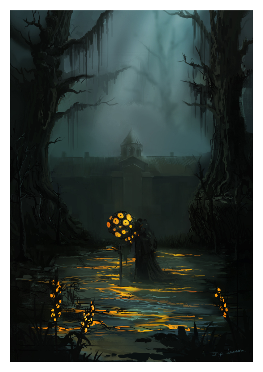 1other aging_untouchable border commentary elden_ring elden_ring:_shadow_of_the_erdtree eldritch_abomination extra_eyes flower forest full_body highres horror_(theme) house mansion nature standing sunlight tree tripdancer white_border