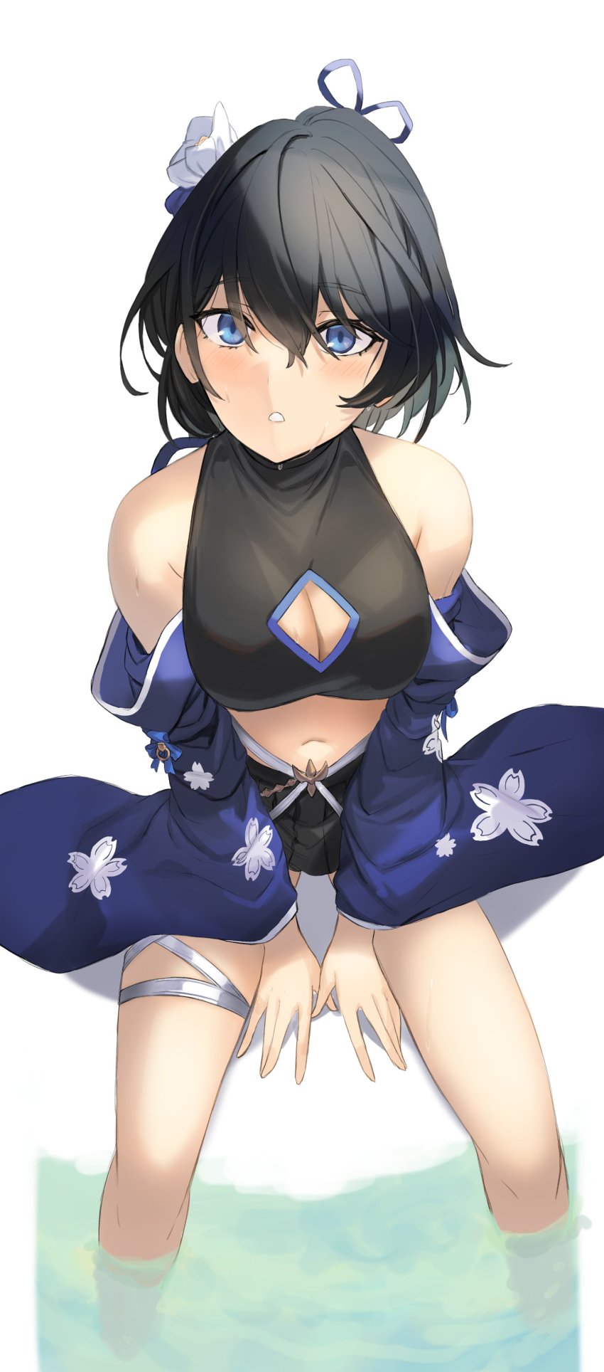 1girl absurdres bare_shoulders black_hair black_shirt black_skirt blue_eyes blush breasts cleavage cleavage_cutout clothing_cutout crop_top detached_sleeves flower ganesagi granblue_fantasy hair_flower hair_ornament highres looking_at_viewer looking_up medium_breasts midriff miniskirt navel shion_(granblue_fantasy) shion_(summer)_(granblue_fantasy) shirt short_sleeves sitting skirt sleeveless sleeveless_shirt soaking_feet solo sweat water white_background wide_sleeves