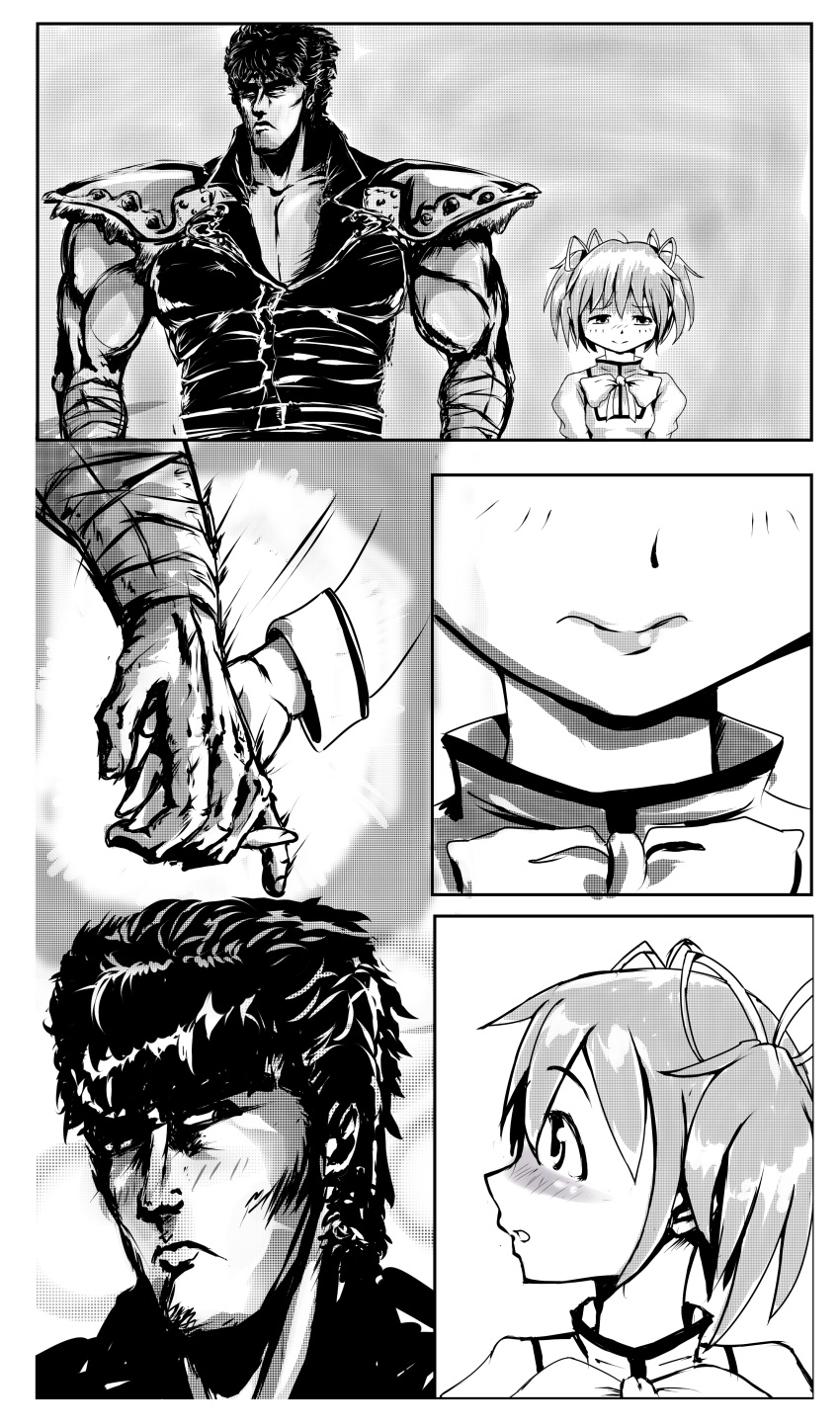 1boy 1girl absurdres blush breasts close-up comic crossover height_difference highres hokuto_no_ken holding_hands kaname_madoka kenshiro lipstick mahou_shoujo_madoka_magica makeup monochrome muscular muscular_male nervous parted_lips serious short_hair small_breasts surprised twintails