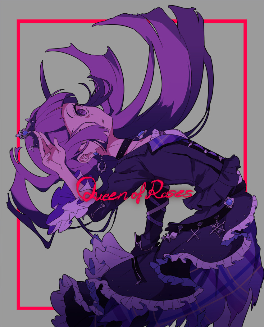 1girl aikatsu! aikatsu!_(series) bad_id bad_twitter_id black_choker black_jacket black_skirt blunt_bangs blunt_ends choker cowboy_shot floating_hair frilled_sleeves frills grey_background hand_up highres hikami_sumire idol_clothes jacket leaning_back long_hair long_sleeves looking_at_viewer parted_lips purple_eyes purple_hair shiontaso skirt solo standing tiara